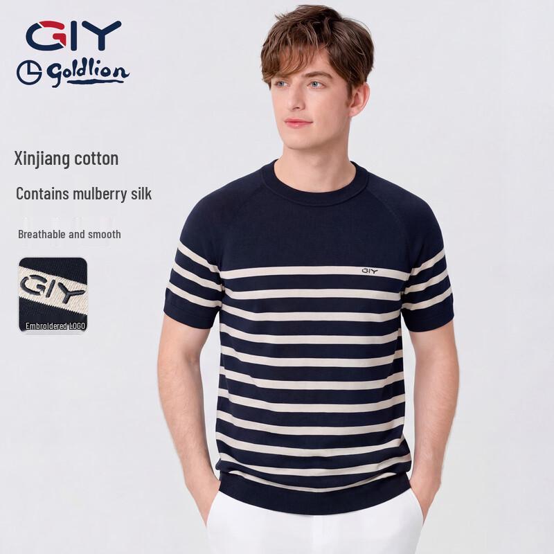Goldlion GY Men s Striped Cotton-Silk Blend Crew Neck T-Shirt L