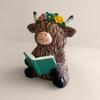 Highland Cow Figurine Reading Book Cattle Resin Statue Sculpture Home Office Decoration Ornament Book Lover Gifts