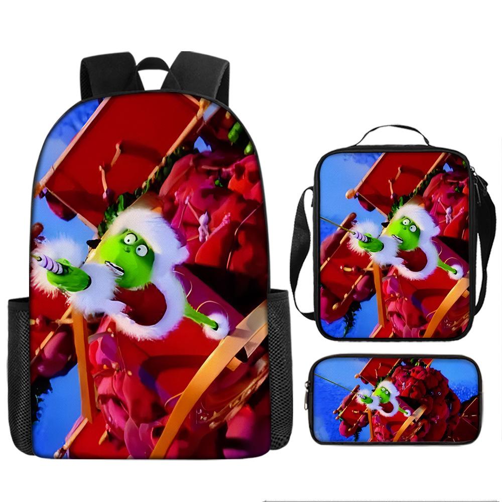 Green Hair Monster Grinch School Bag Campus 12345th and 6th Grade Backpack Lightweight Weight Loss Computer Bag Three-piece Set