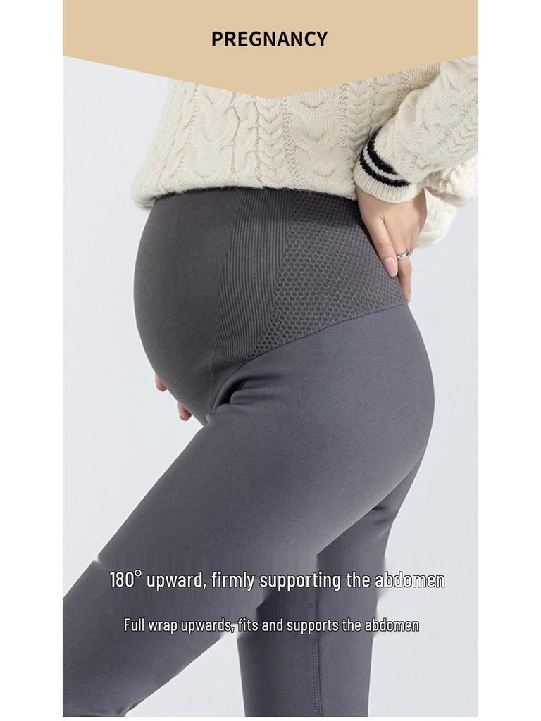 Maternity Dark Gray Fleece-Lined Yoga Shark Leggings - Non-Constricting Belly, Perfect for Autumn/Winter