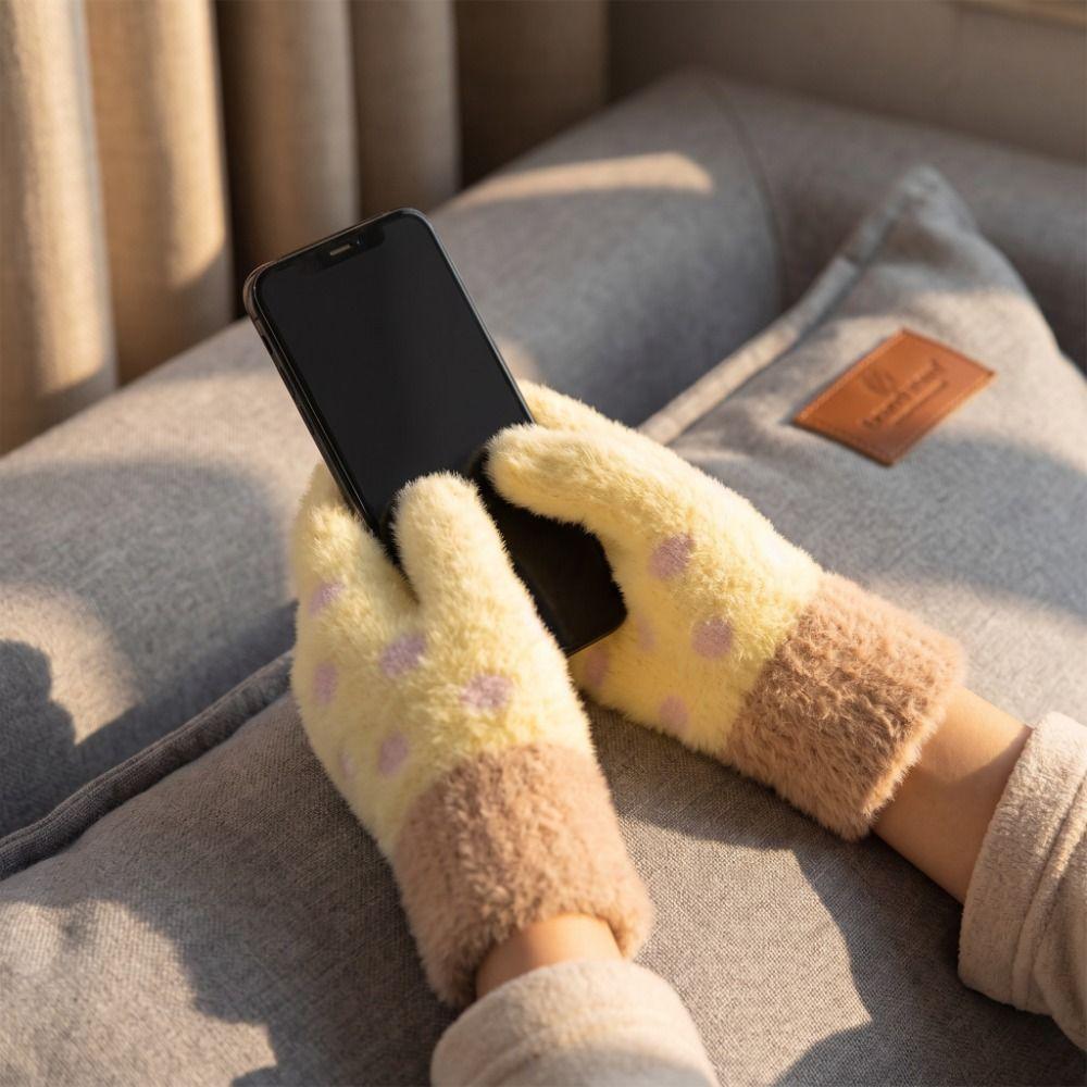 Touchscreen Five-Finger Gloves Polka Dot Warm Gloves Sweet Knitted Gloves Winter