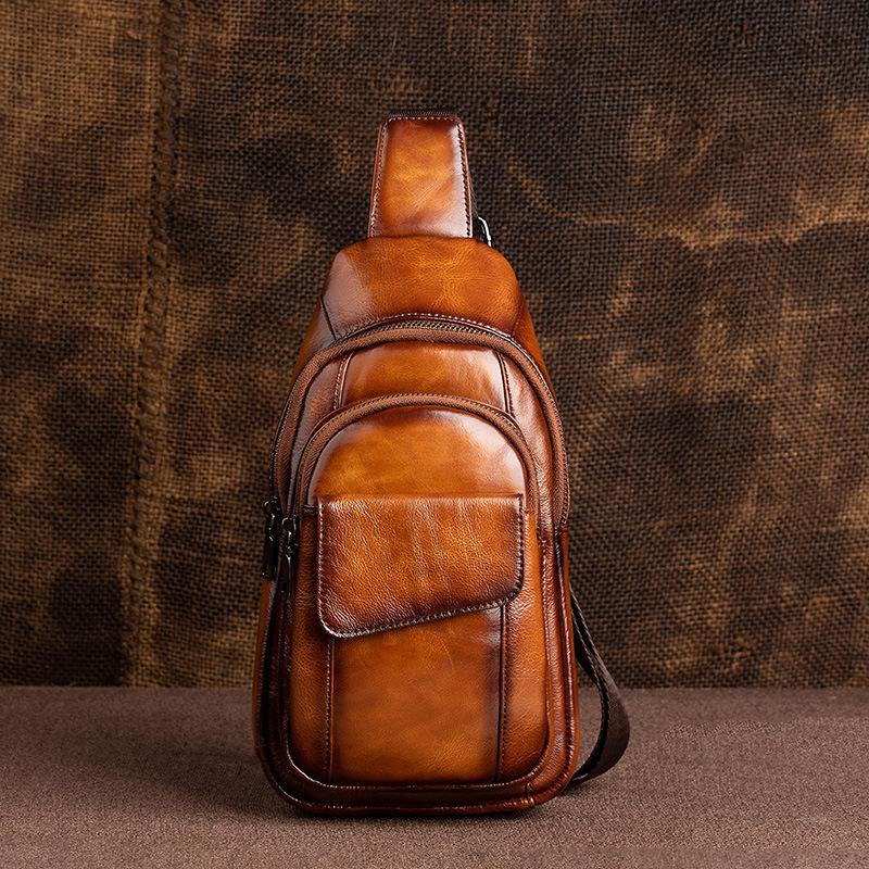 Men's Genuine Leather Chest Bag - Top Layer Cowhide, Crossbody, Fashionable, Retro, Versatile, High-End Style