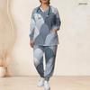 Women Plus Size Printed Nurse Scrub Set V Neck Long Sleeve Top With Pockets And Long Pants