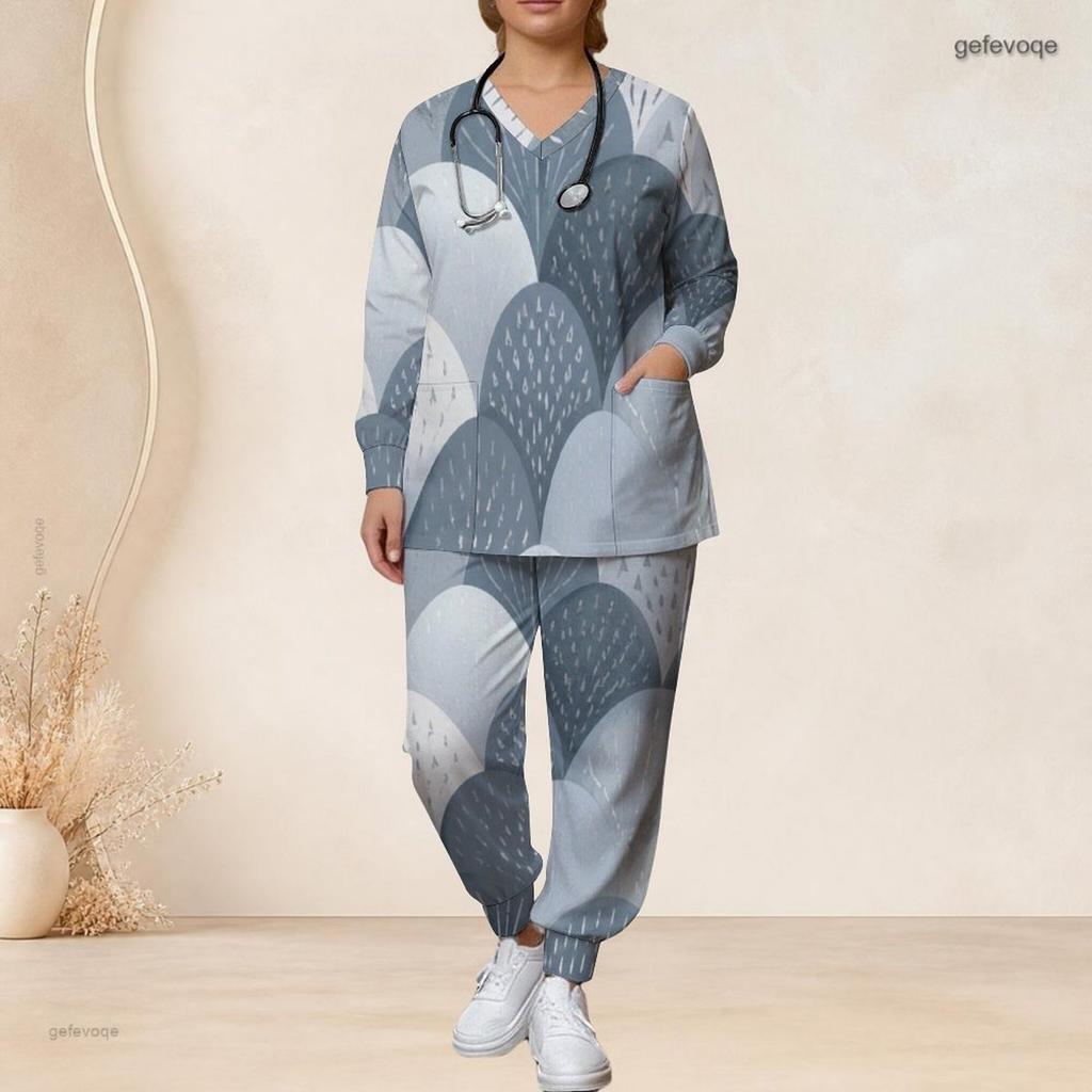 Women Plus Size Printed Nurse Scrub Set V Neck Long Sleeve Top With Pockets And Long Pants