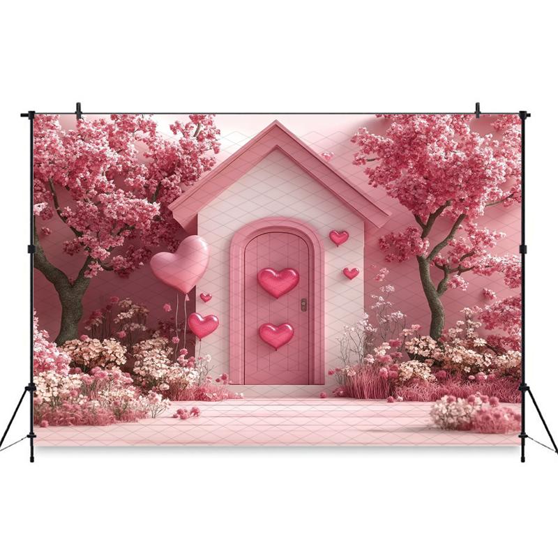 Mocsicka Valentine's Day Photo Backdrop Pink House Tree Balloons Flowers Wallpaper Decorations Wedding Backgrounds Studio Banner