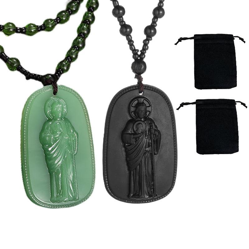 St. Jude Thaddeus 3D Relief Pendant Necklace Black Gold Faux Jade Finish – Symbolizing the warding off of malevolent forces purification