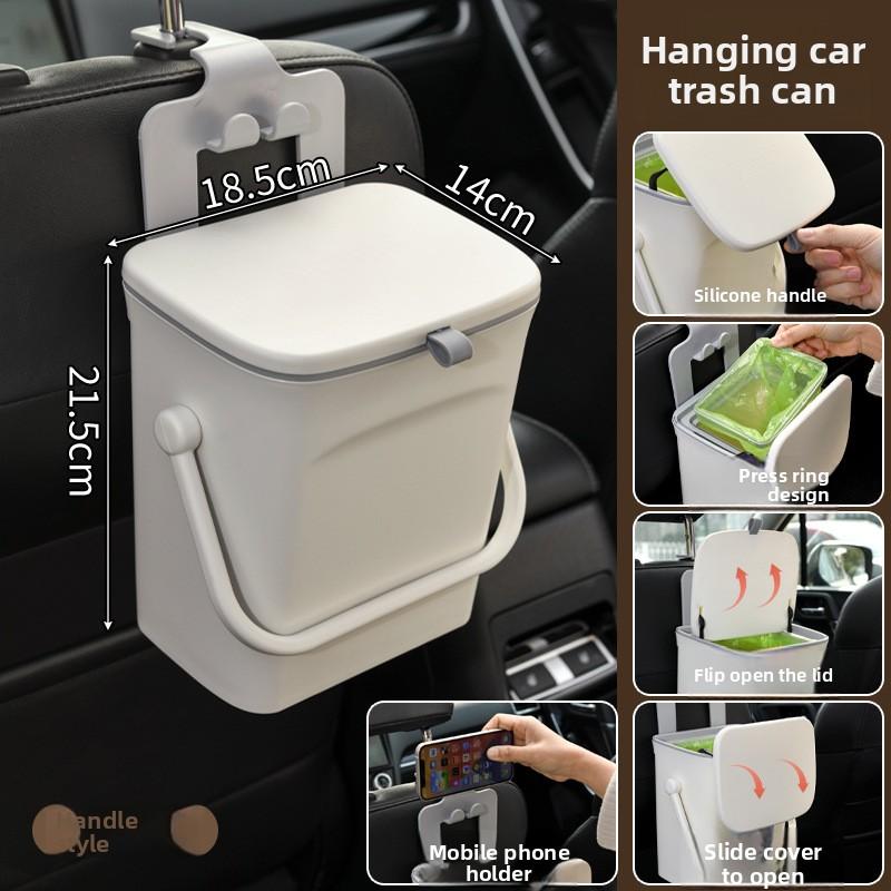 Car Trash Can, Rear Storage Bucket with Lid for Car Interior Use, Private Car Cleaning Bucket, Rear Seat Mobile Phone Stand