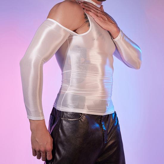 Sexy Men Glossy Shiny T-Shirt Smooth Breathable Top High Elastic Transparent See-Through Nightclub Skinny Tops