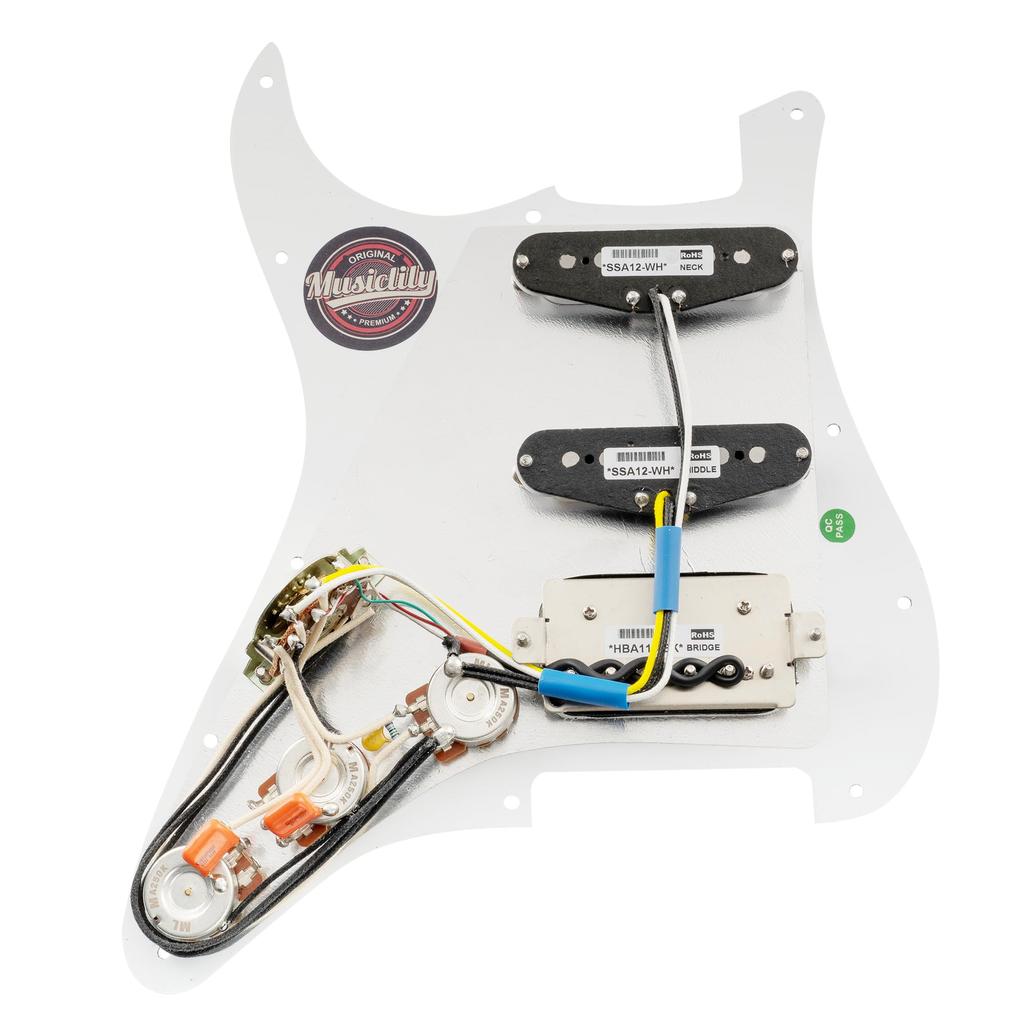 Musiclily Pro SSH Stratocaster Prewired Pickguard for ST Stratocaster Electric Guitar with Artec Alnico 5 Set Pickups, White, 3-Piece