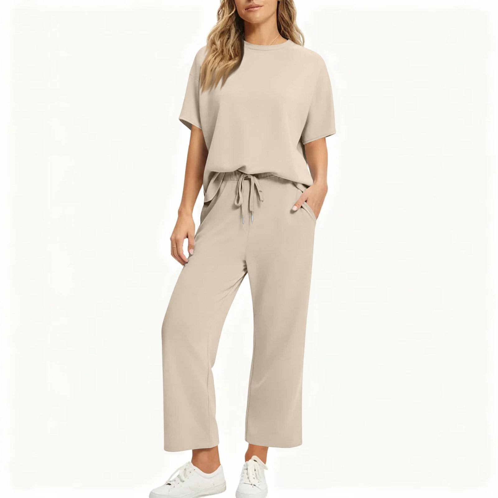 Women s Fashionable Loose Top Casual Two-piece Set L бежевый