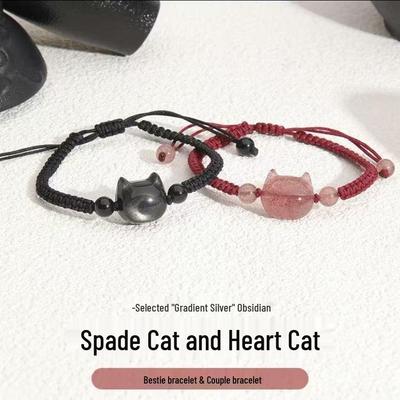 Handgeknüpftes No-Face Katze & Erdbeer-Armband: Unisex Paar Stil Schmuck für Katzenliebhaber