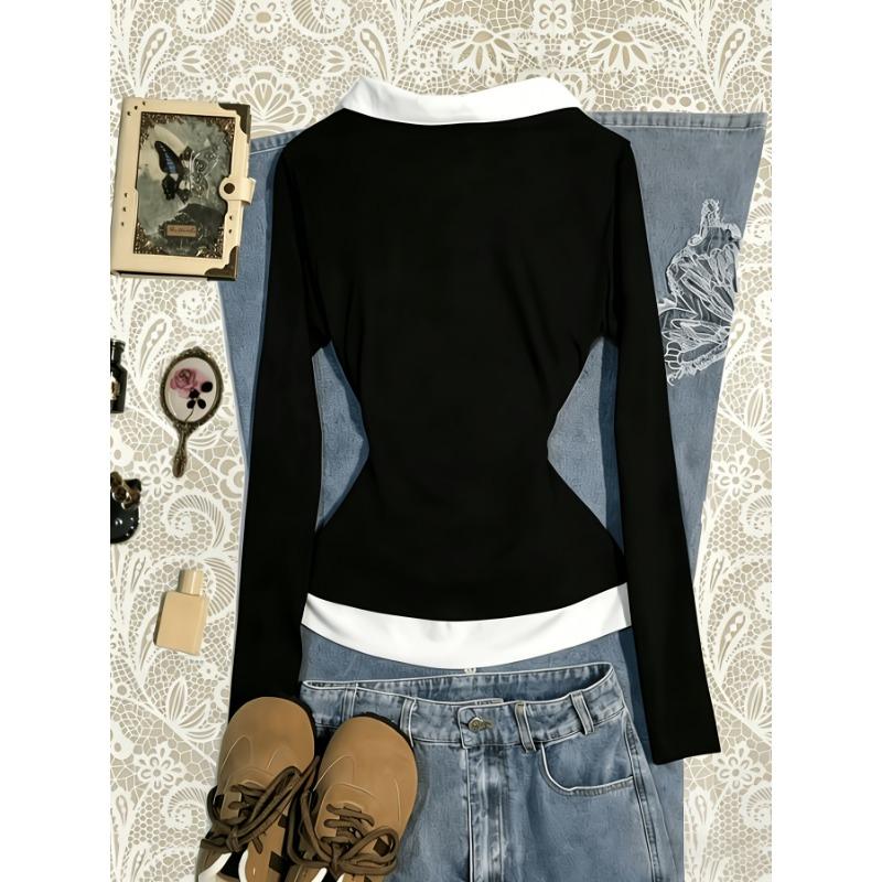 Women S Long Sleeve Polo Shirt Color Block Knit Top