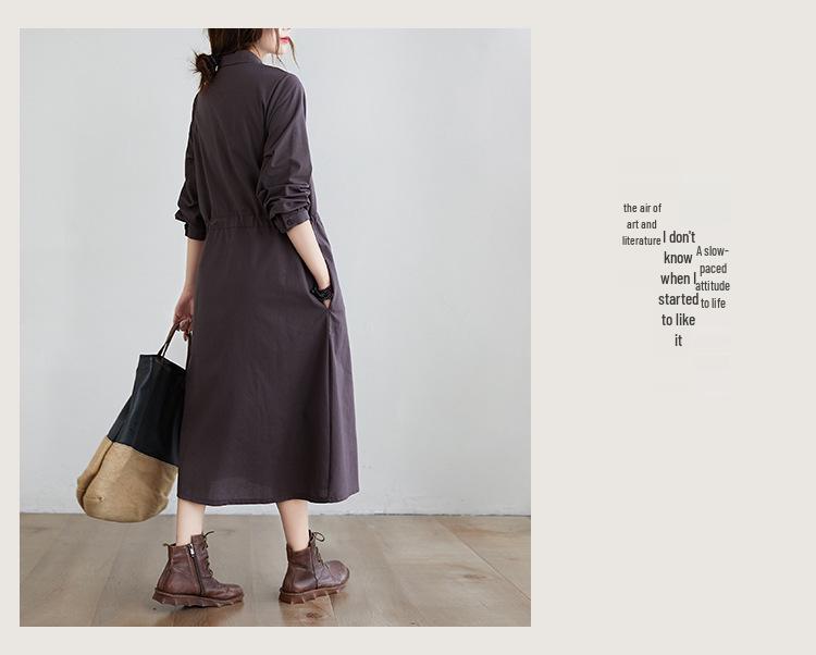 2025 Autumn Korean Style Cotton-Linen Polo Collar Elegant Long Sleeve Shirt Dress