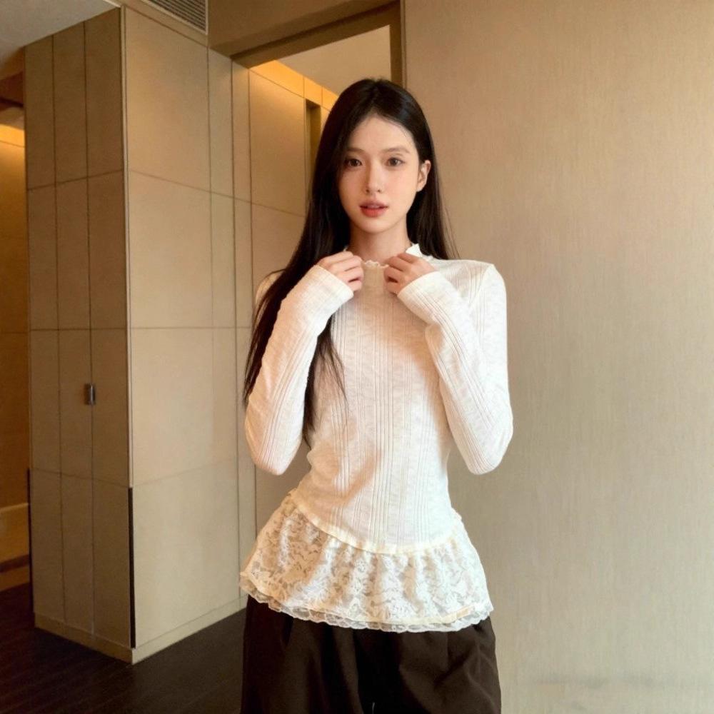 High-End Korean Style Lace Trim Ruffle Hem Top