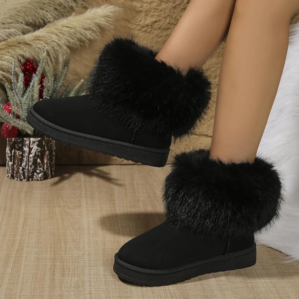 Shoes for Women Winter Women's Boots Black Round Toe Solid Flock Plush Warm Mid Heel Water Proof Casual Snow Boots Women Size