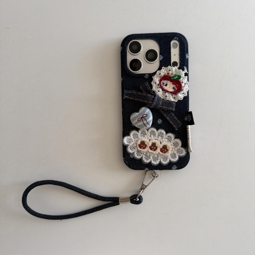 Denim Lace Kitty Kitten Mobile Phone Case for Apple 17/16PRO Cartoon Retro Case iPhone15/14P