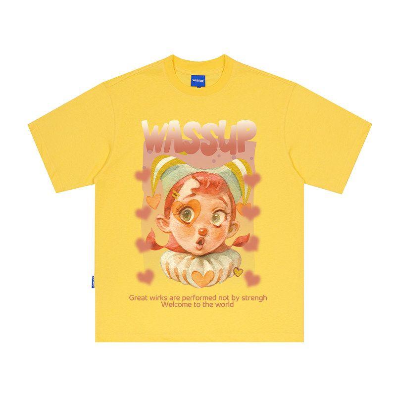 Wassup American-Style Clown T-Shirt Short-Sleeved Unisex Summer Loose Heavyweight Trendy Couple Round-Neck T-Shirt Top