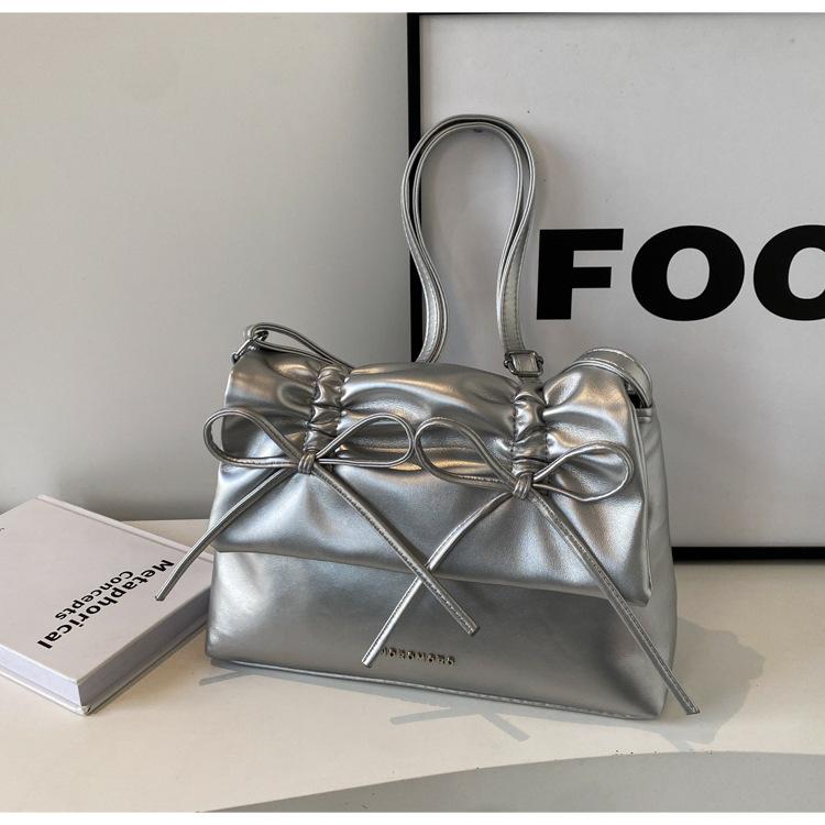 Women Bowknot Pu Shoulder Bag Large Capacity Bag With Adjustable Shoulder Strap Shopping Bag Stylish Fashion Solid Color Handbag