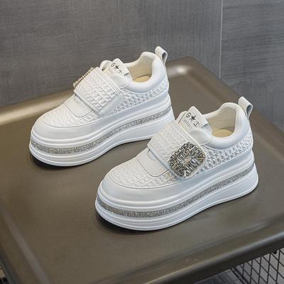 2025 Autumn Women's Rhinestone Sneakers - Petite Height Boost, Magic Tape Closure, Casual Trendy Thick Sole, White