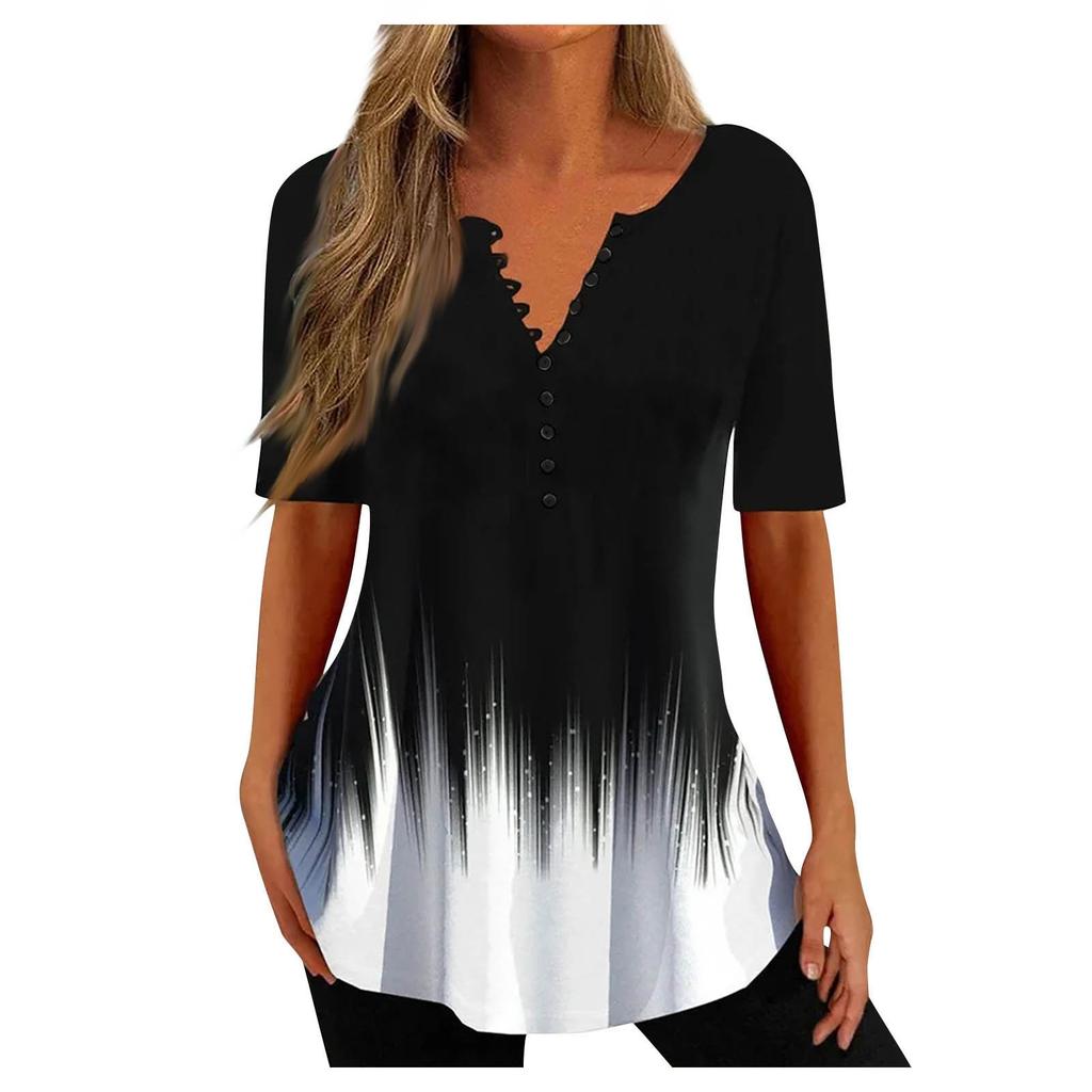 Women's Shirt Blouse Button Vintage Gradient Print Short Sleeve Casual Basic Top Pullover