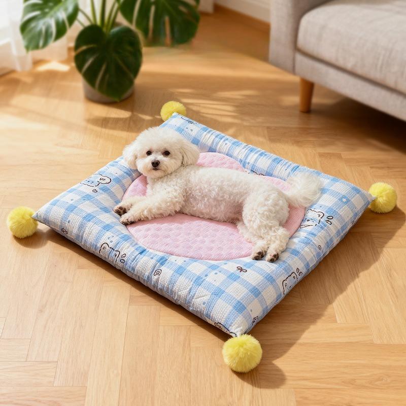 Square Pet Mat Four‑sided Bolster Cushion Plaid Pom‑pom Decor Soft Cooling Sleeping Pad for Small Dogs Cats