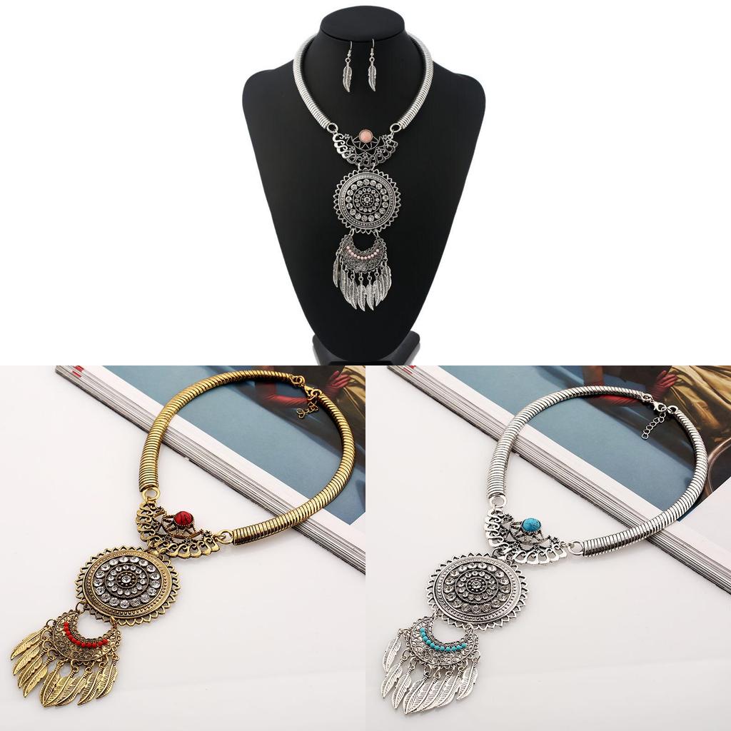 Vintage Geometric Alloy Necklace With Gemstone Leaf Tassel For Women