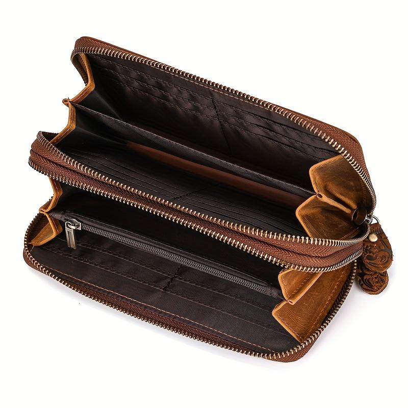 Vintage Herren Echtleder Lange Brieftasche Geprägte Blume Doppel-Reißverschluss Clutch Kartenhalter Brieftasche