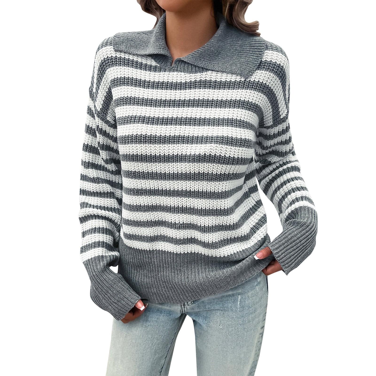 

Женский повседневный модный удобный свободный свитер в полоску с контрастными лацканами XL