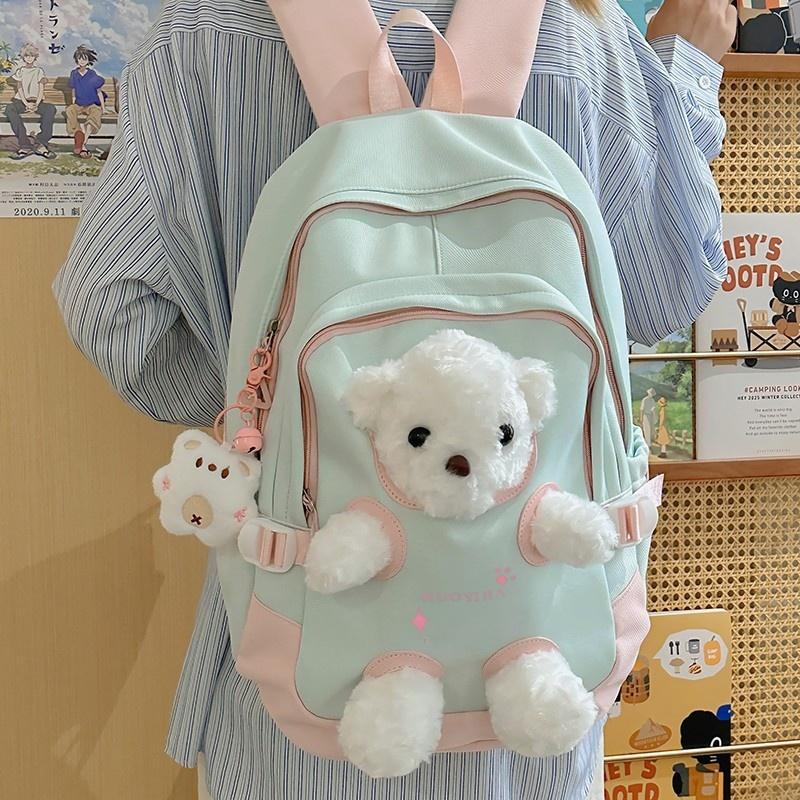 Trendy Teenager Girl Cute Bear Schoolbag High Value Junior High School Student Pupil Backpack Waterproof Nylon Book Bag Children Holiday Surprise Gift