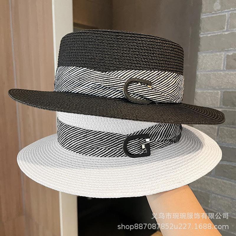 Summer metal letter label webbing straw hat women's face small fashion new sunshade sunscreen flat top top hat