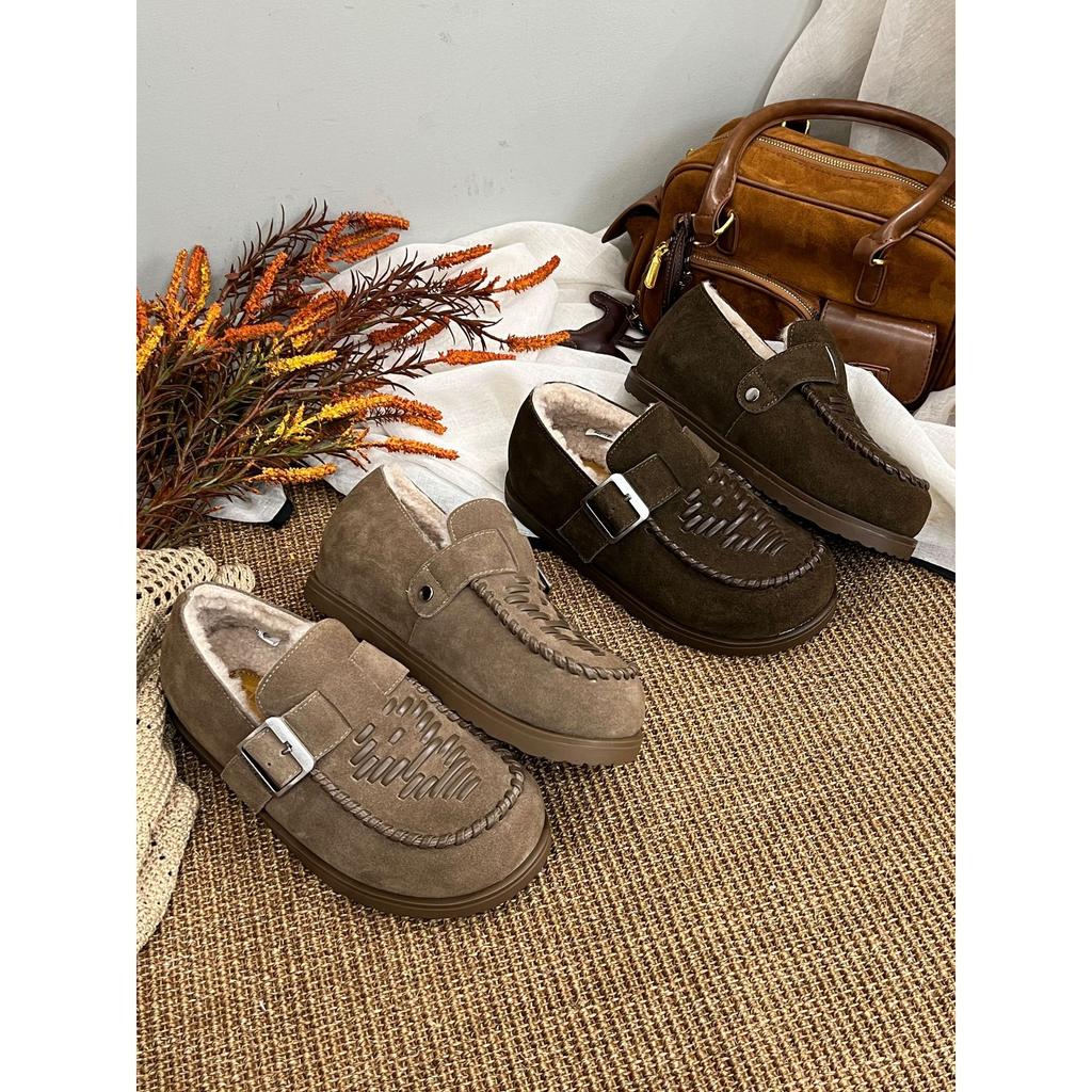British style fringed woven beef anti-velvet surface autumn and winter new round head leather deep mouth fluffy Birkenstocks women