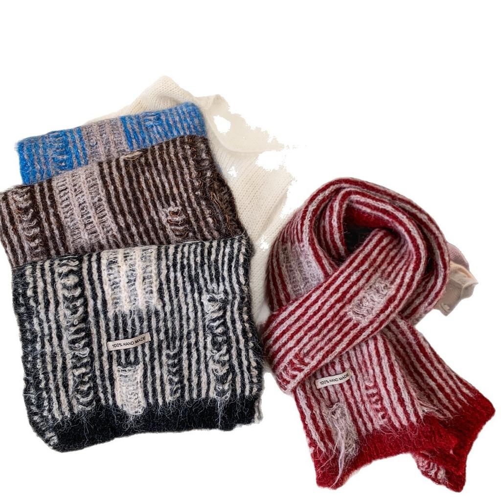 Korean striped knitted wasteland wind scarf women's winter new high-end coffee color warm thickened wool scarf