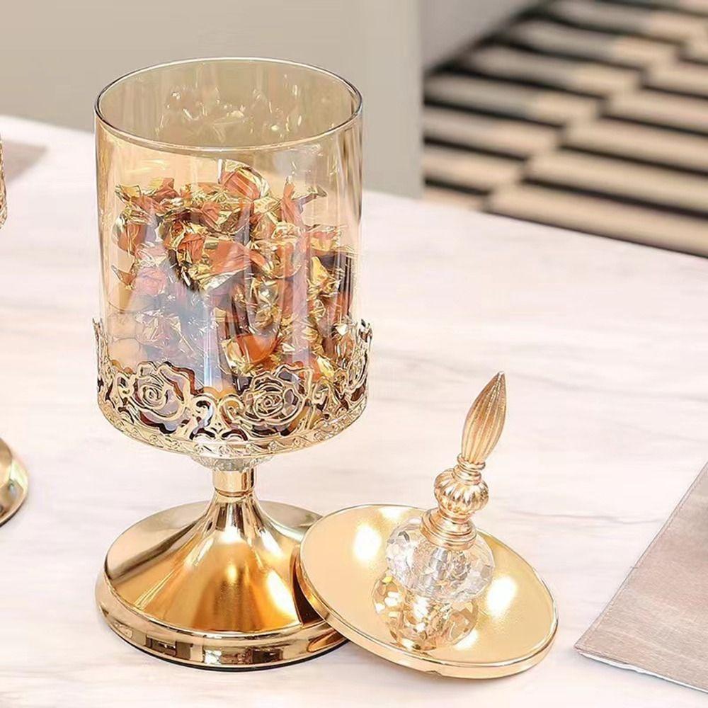 Decorative European Style Candy Jar Gold-Plated High Footed Candy Can  Living Room