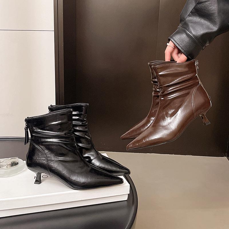 8766-1 French Pointed Retro Thin Heel High Heel Fashion Boots 2025 Winter New Pleated Thin Boots Women's Boots