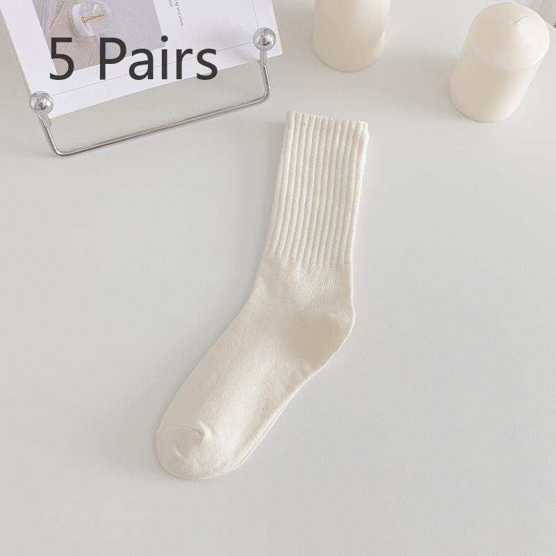 5 Pairs of Simple Solid Color Breathable Boneless Mid Calf Socks for Women In Spring and Summer