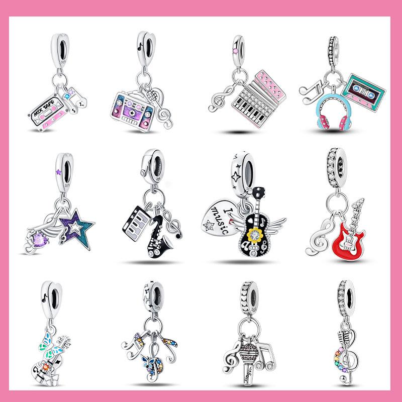Romantic Music Charms Beads Copper Piano Violin Red Guitar Punk Saxophone Pendants Fit Bracelet Diy Jewelry