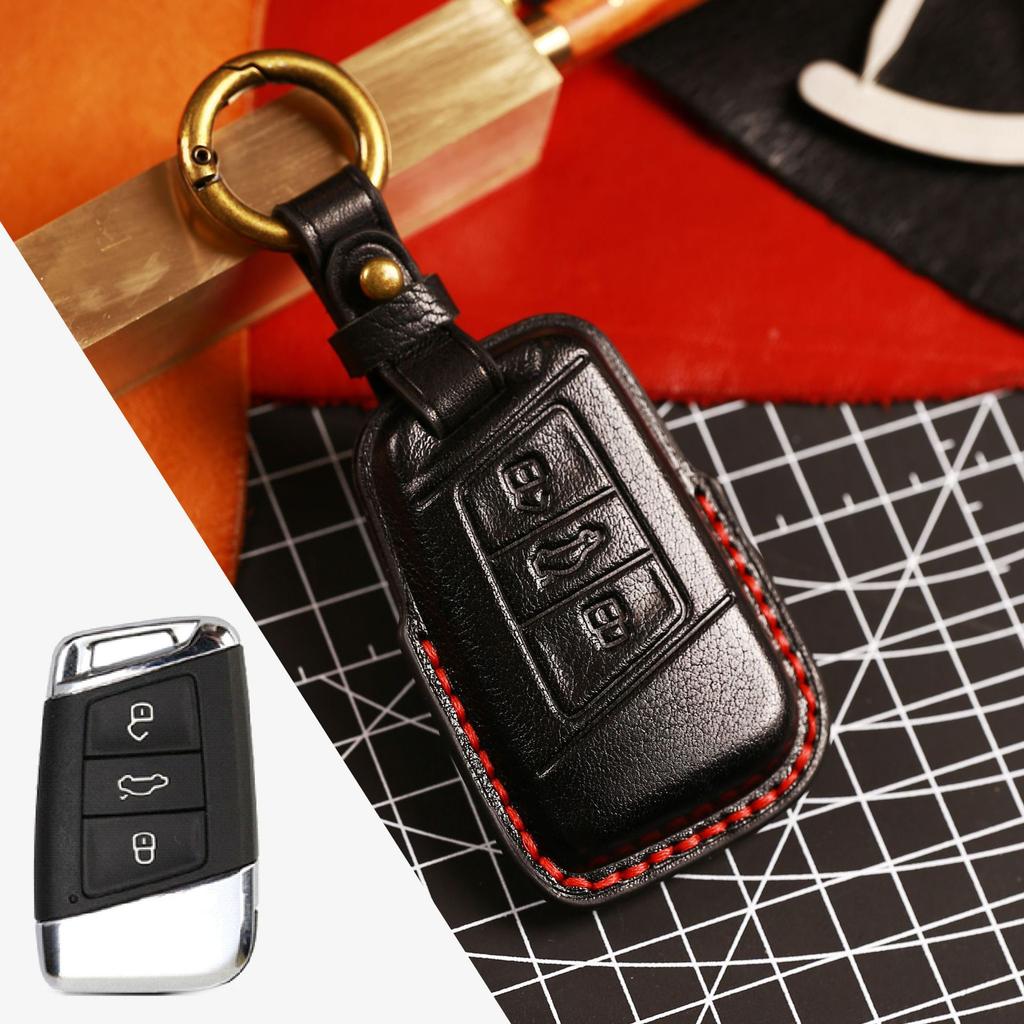 For VW Passat Magotan Golf Key Fob Cover, Genuine Leather Case with Anti-Loss Key Ring & Strap, Full Set Accessories in Gift Box