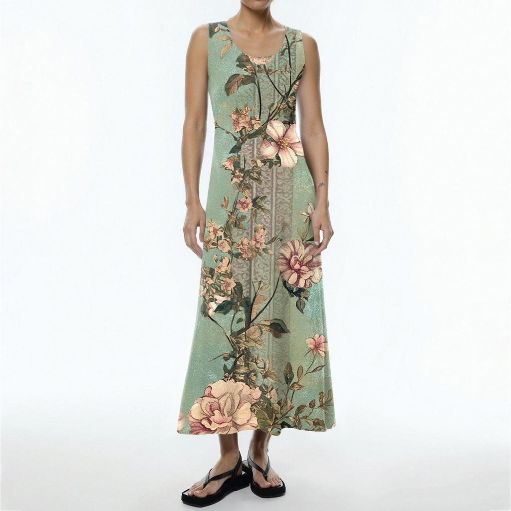 Women's Summer Casual Fashion Flower Printed Sleeveless Round Neck Pocket Dress