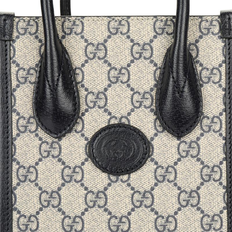 Gucci Alte Blumenlogo-Tragetasche Einkaufstasche Umhängetasche Leinwand- und Lederkombination Schulter-Handtasche Mini Unisex Blau und Beige