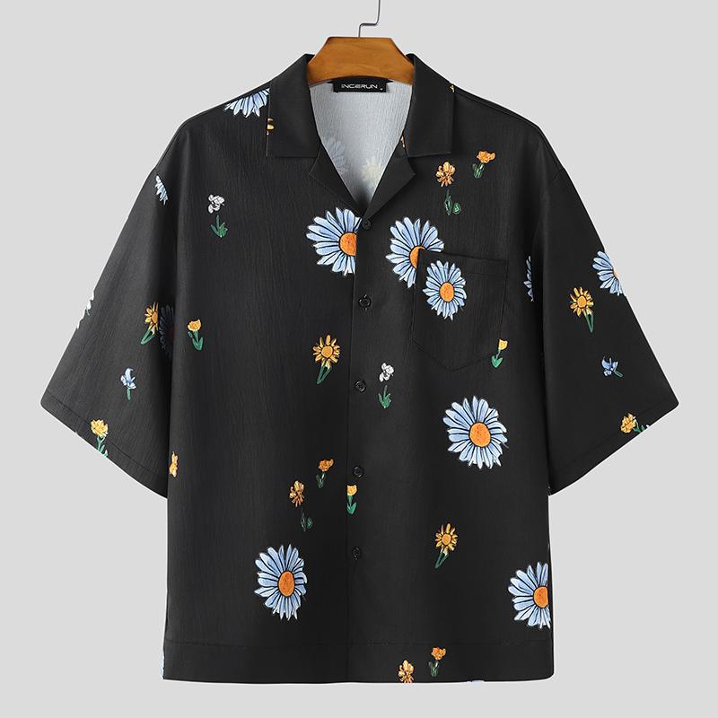 

INCERUN S-5XL Men s Short Sleeve Printed Shirts Button-up Casual Holiday Shirts 5XL чёрный
