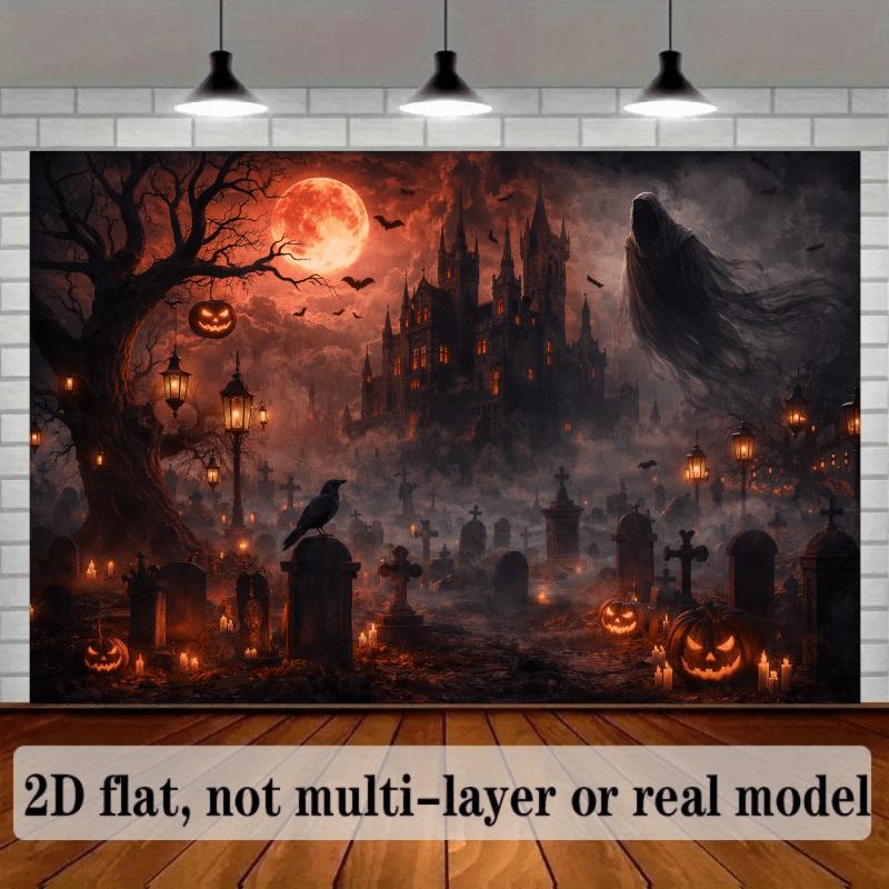2D Plane Background Cloth for a Joyful Halloween Scene, Depicting a Gothic Spired Castle, a Full Moon and Dark Cloudszyc