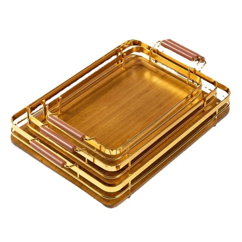 2024 New Bamboo Fruit Tray with Metal Handle, Barbecue Tray Tea Tray Dessert & Bread Plates Wooden Plate Cake Stand