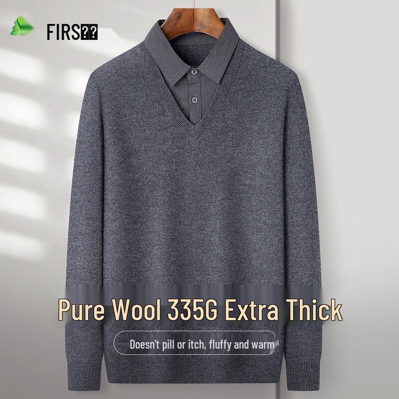 

FIRS Men s Faux Two-Piece V-Neck 100% Wool Sweater 2XL