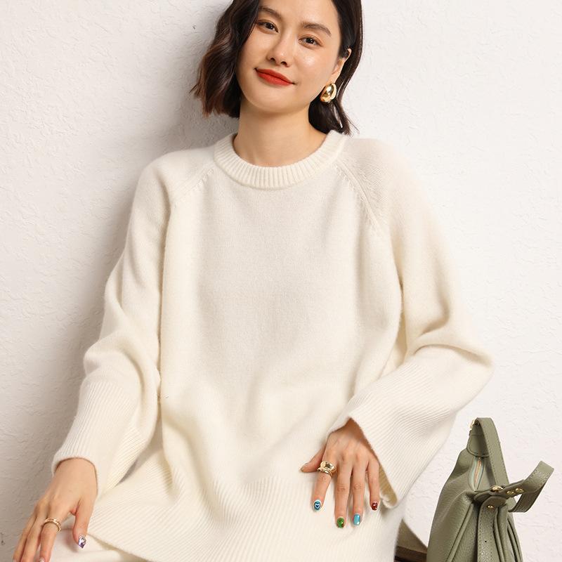 Lazy wind round neck loose large size sweater women's autumn and winter new casual hem split knitted sweater women