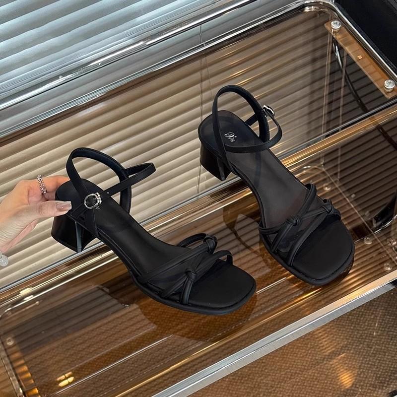 Summer Burgundy High Heels Women's New Thick Heel Square Head with One Word Fashion Sandals