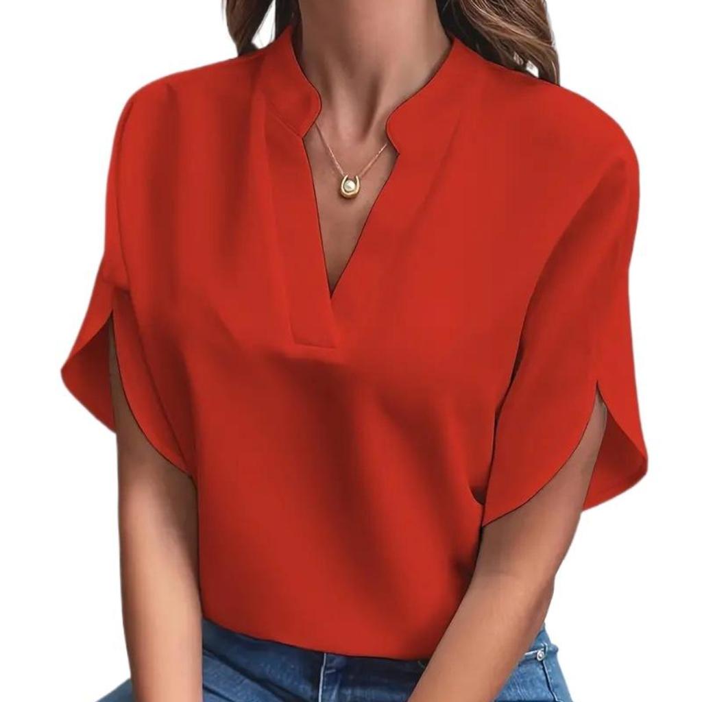 Women's Fashion Casual Summer Solid Color Print Short Sleeve V-Neck Blouses & Shirts EMA