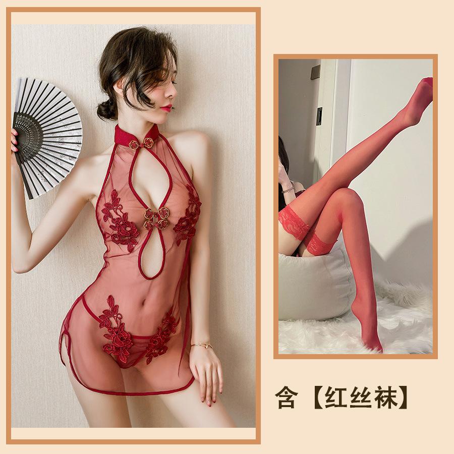 Sexy Sexy Lace Slit Free Uniform Mesh Classical Embroidery Cheongsam Temptation Perspective Set