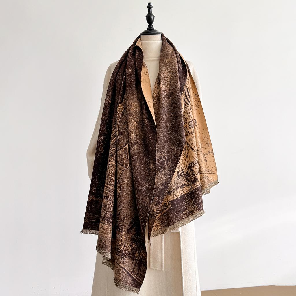 Retro Style Cashmere Women Castle Print Double-Sided Scarf Winter Warm Shawl Pashmina Female Foulard Blanket Poncho Scarves