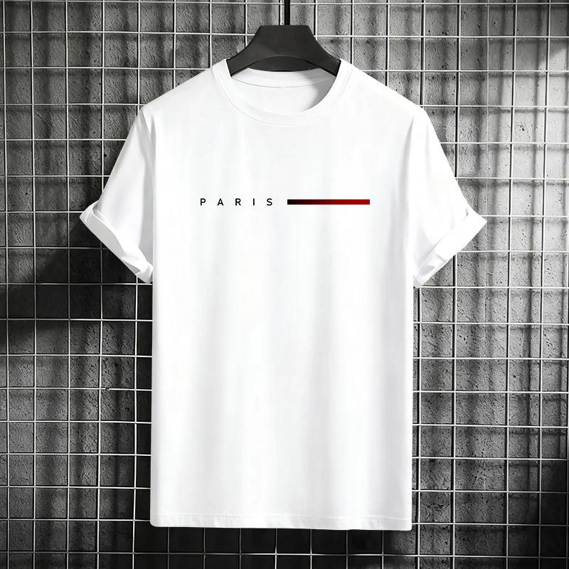 Men's 100% Cotton Summer Loose PARIS Creative Letter Print Casual Slim Fit Round Neck Short Sleeved T-shirt Top