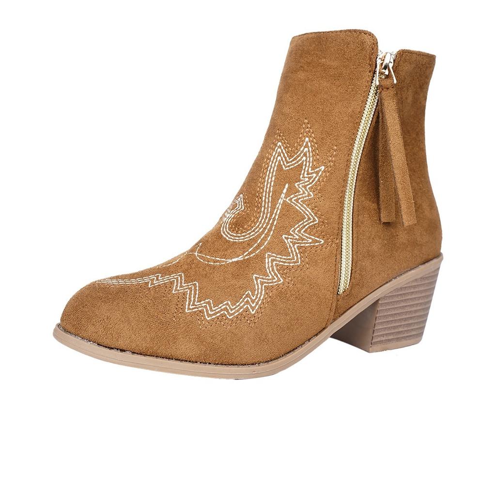 Women Embroidery Printed Pointed Toe Block Heel Chelsea Ankle Boots, European Style Short Tube Fashion Booties For Autumn